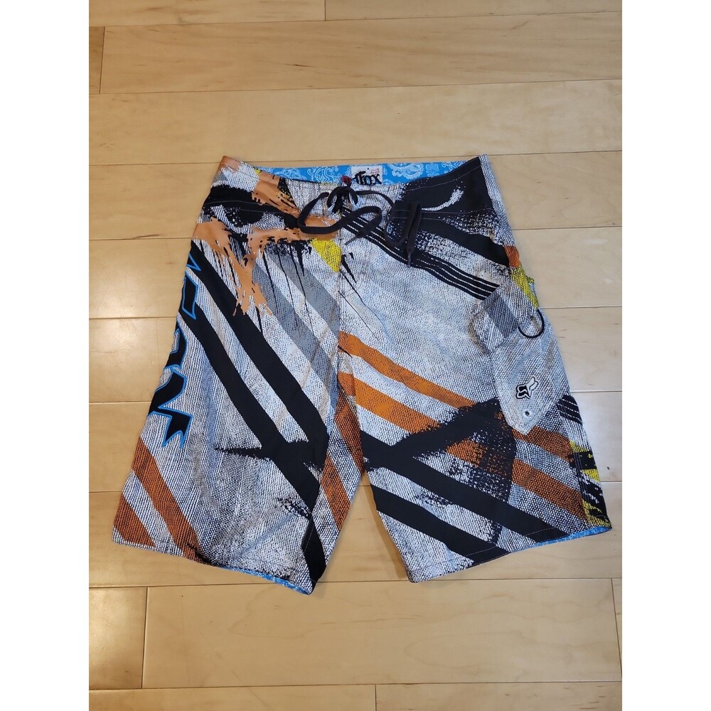 Fox Racing Board Shorts Mens 32 Gray Graphic Moto Surf Swim Cargo Pocket Y2K